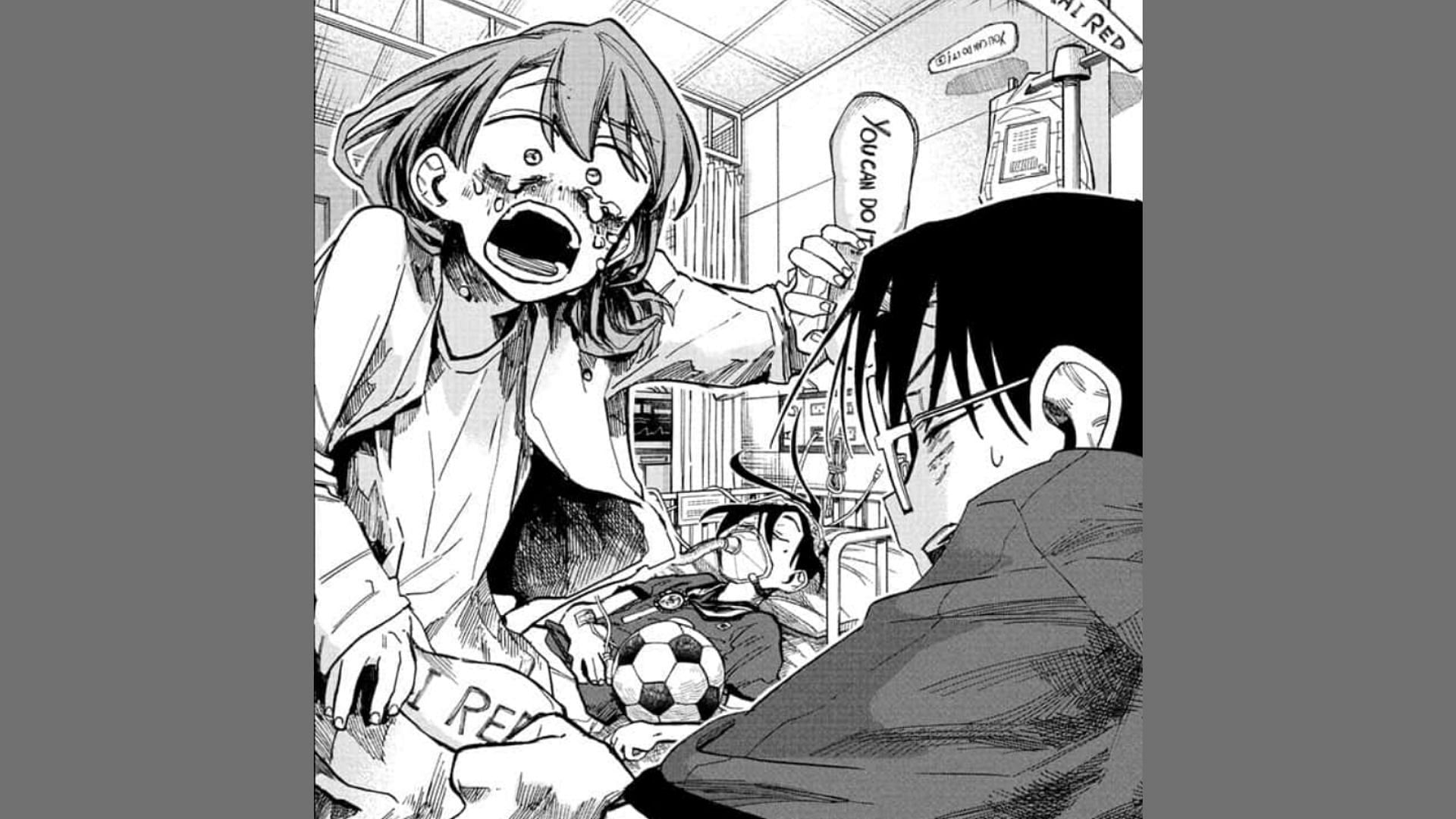 Minako, Kakeru, and Tsubasa in the hospital(Image via Shueisha/Taizan 5)